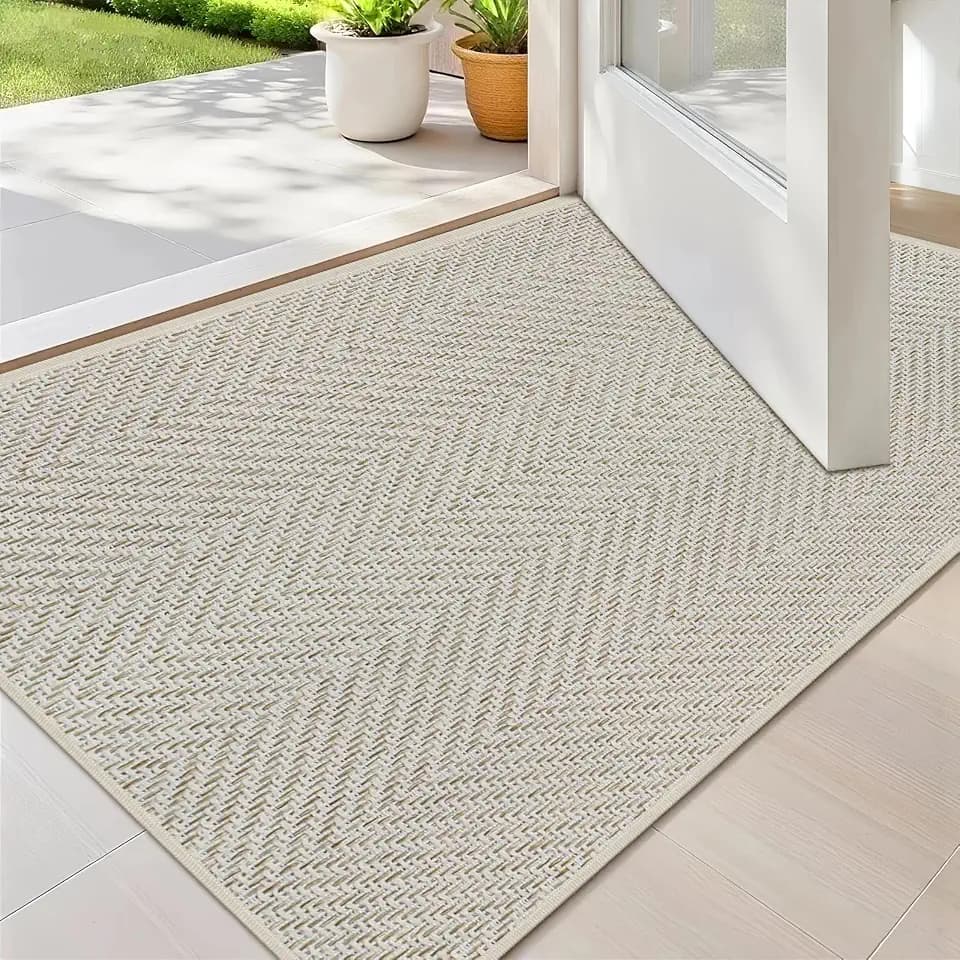 Ultra Thin Indoor Door Mat 17"x29.5", Washable Door Mat Indoor Entrance, Non Slip Rubber Backing Doormat Low-Profile Inside Entryway Mat, Unique Herringbone Design Entry Mat, Khaki (FOLD)