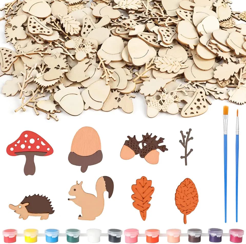 200 Stück Holz Streudeko für Frühling & Herbst - Waldtiere Blätter mit 12 Farben & 2 Pinsel | Holztiere zum Bemalen Set für Tischdeko, Geburtstag, DIY