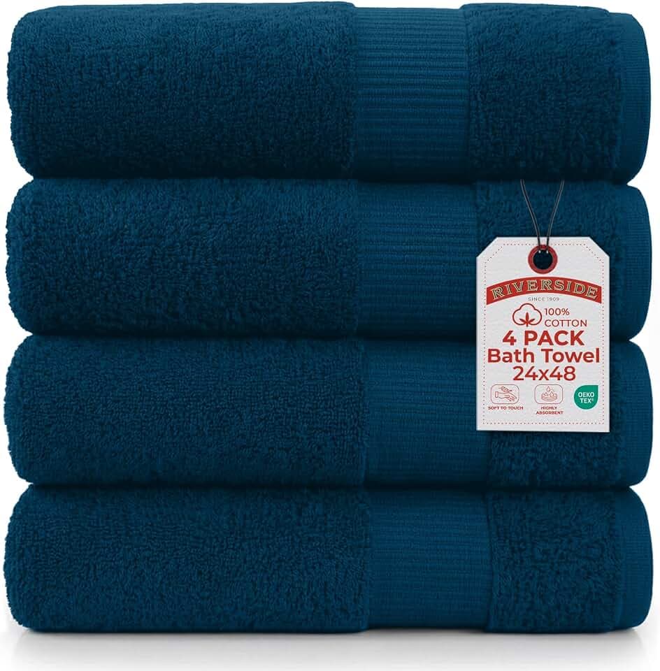 RIVERSIDE 4 Pack Bath Towels, 24x48 Inches, 500 GSM, 100% Cotton, Blue Opal