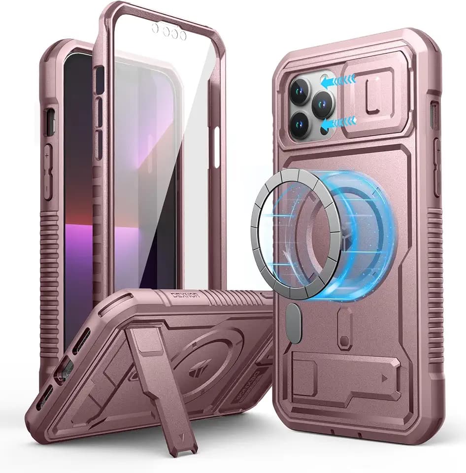 Dexnor for iPhone 12 Pro Max Case with Camera Cover [Compatible with MagSafe] [Built-in Screen Protector] Heavy-Duty Shockproof Full-Body Rugged Protective Magnetic Cover with Kickstand, Pink