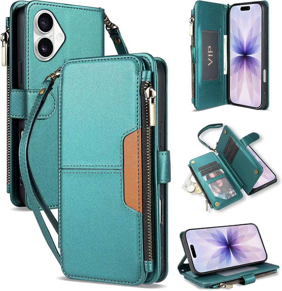 Compatible with iPhone 17 Wallet Case with Card Holder Fashion PU Leather Magnetic Snap Flip Zipper Strap Protective Phone Case for iPhone 17 Case Wallet(6.3 inch-Green)