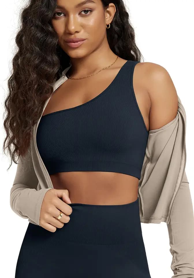 ODODOS Seamless One Shoulder Sports Bra for Women Ribbed Asymmetrical Non Padded Yoga Crop Tank Tops