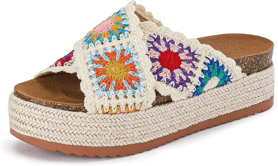 Coutgo Womens Platform Espadrille Sandals Floral Crochet Open Toe Slides