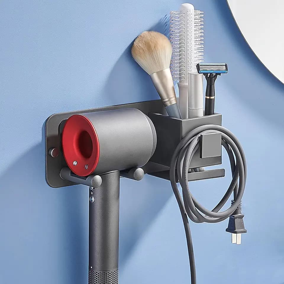 Fönhalter ohne Bohren Föhn Halterung Bad Haartrocknerhalter Wand mit Steckerhalter & Aufbewahrung für die Meisten Haartrockner Grau