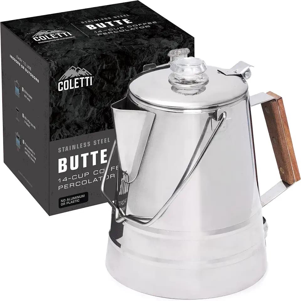 Coletti Butte Scoutmaster Camping-Kaffeekanne – Lagerfeuer-Kaffeekanne – Edelstahl-Kaffeemaschine für draußen oder den Herd (14 Tassen)