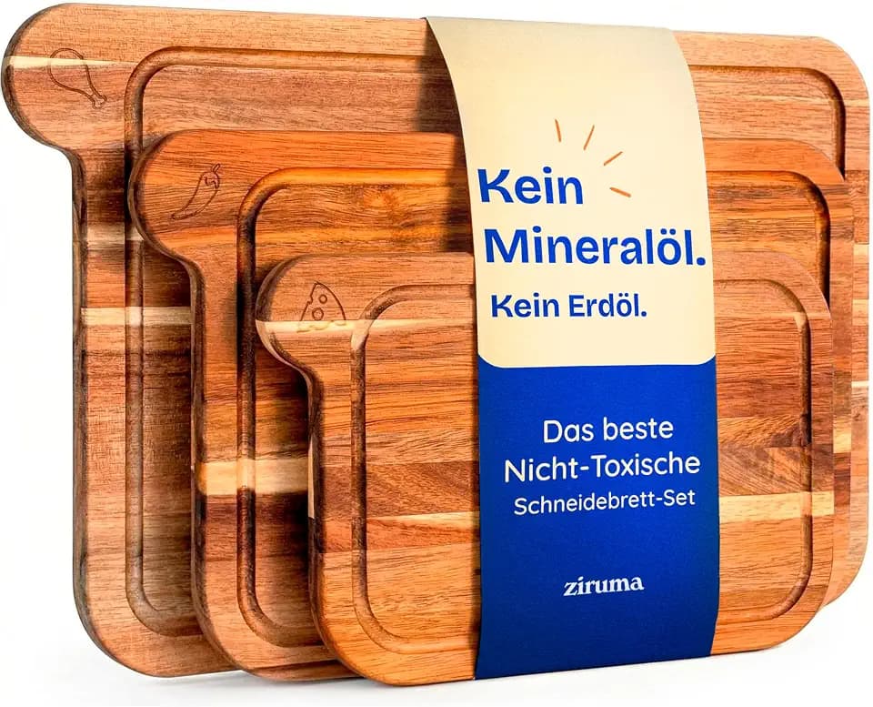 Ungiftige Schneidebretter – Schneidebrett-Set frei von Mineralöl, aus FSC-Akazienholz – Küchenutensilien aus Holz – inklusive 3 Schneidebrettern. Von Ziruma