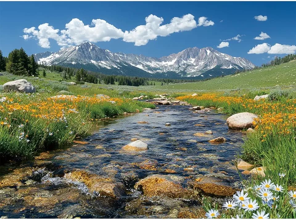 Mountain Stream & Wildflower Meadow, 300 Piece Jigsaw Puzzle for Adults