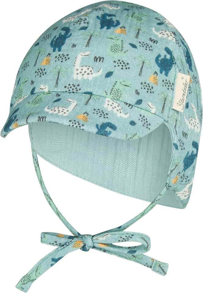 Sterntaler Schirmmütze Nackenschutz Dinos – Leichte Kindermütze aus Bio-Baumwoll-Musselin mit Dino-Print, Ohrenklappen, Gummi, Bindeband und Innenfutter, UV-Schutz 50+