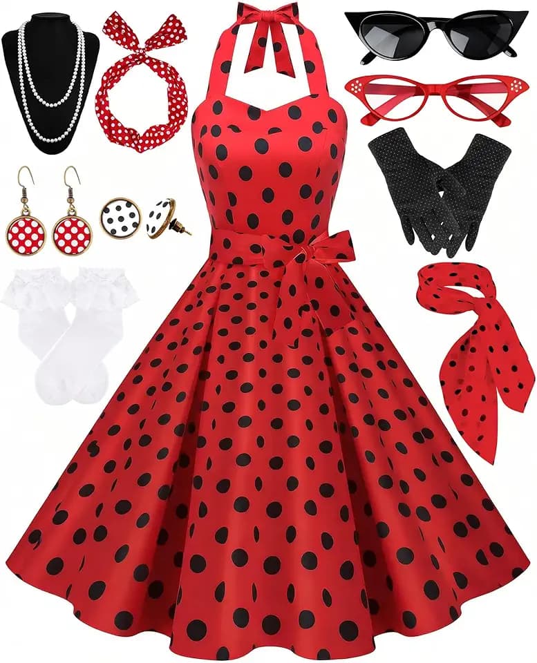 1950s Polka Dot Dress for Women Retro Outfit with 50s Accessories