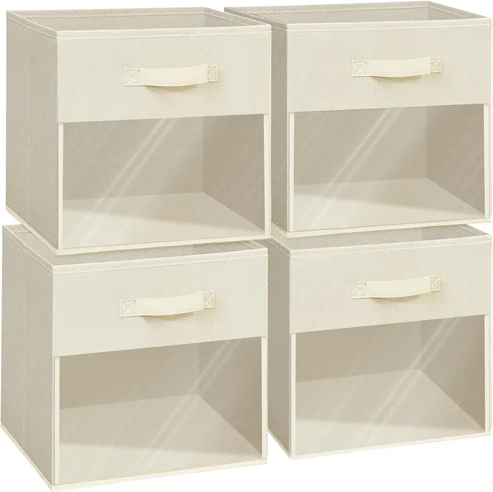 Easi 11 inch Cube Storage Bins, 4 Pack Collapsible Storage Cubes With Window, Clear Cubby Storage Bins for Shelves, Large Closet Storage Baskets Cubes Organizer for Home Organization, Beige