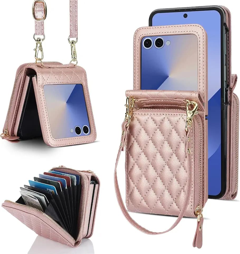 for Samsung Galaxy Z Flip 7 Case with Card Holder with 8-Card Slots Wallet Case with Detachable Strap Crossbody Lanyard Soft PU Leather for Women- Rose Gold