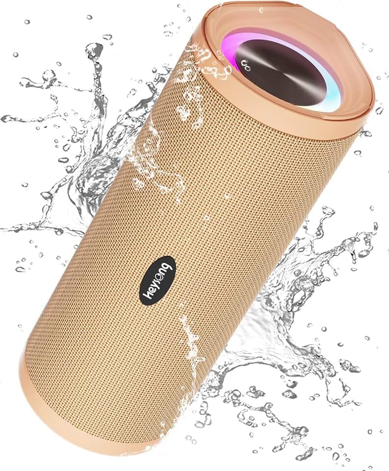 Heysong Bluetooth Lautsprecher mit Licht, Musikbox Tragbarer Bluetooth Box mit IPX7 Wasserdicht, 360° Stereo Sound,Satter Bass,40h Akku,Kabelloser Lautsprecher mit TF für Zuhause,Garten-Helles Apricot