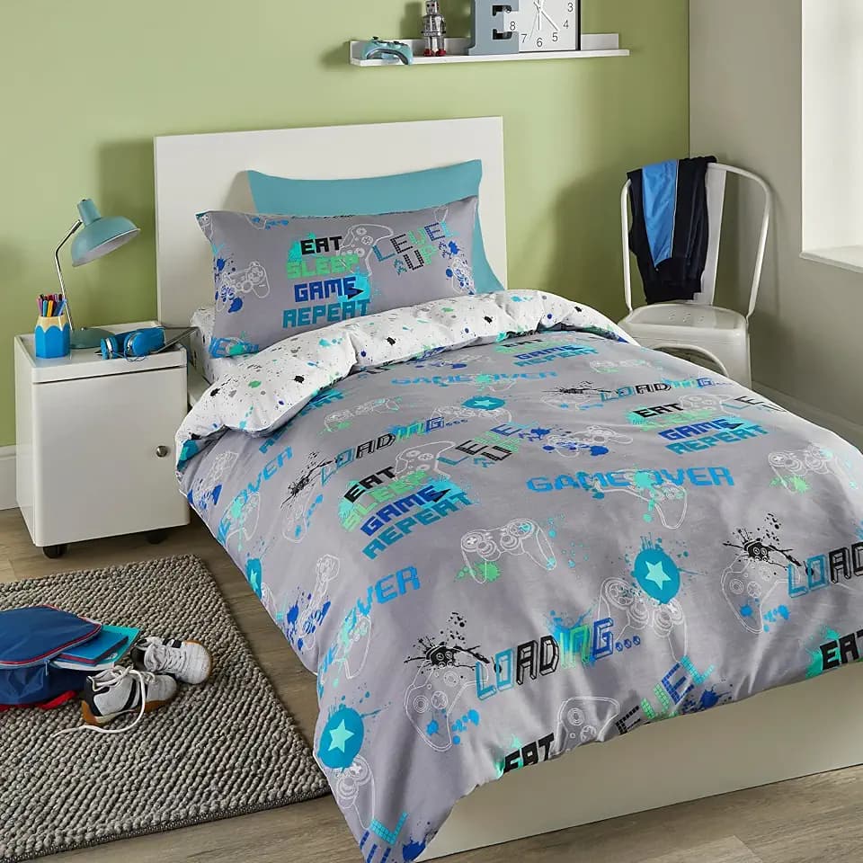 Bedlam - Grauer Gaming-Bettbezug - Einzelbettgröße (200 x 140 cm) - Leuchtet im Dunkeln - Wendbar (2 Designs) - Gamer-Bettwäsche in Grau - Schlafzimmer-Zubehör
