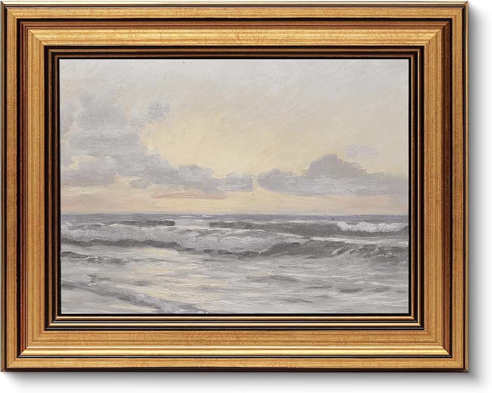 ARPEOTCY Vintage Goldener Rahmen Wandbilder Wohnzimmer, Wanddeko mit Landschaftsmotiven, Leinwand Bilder Wandbilder für Wohnzimmer & Schlafzimmer, Meer 25L x 20W cm