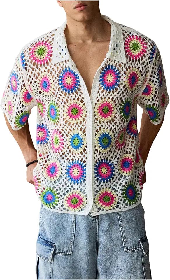 BEAUDRM Men's Striped Knit Shirts Short Sleeve Button Down Shirt Crochet Hollow Out Summer Beach Top Vintage Vacation Wear