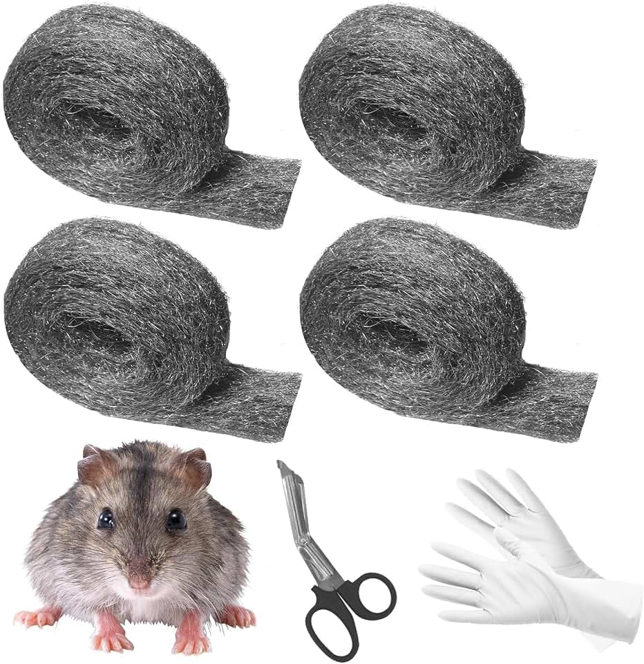 Mäuse Stahlwolle 20m, 4 Rollen Maus Stahlwolle 0000 Rattensichere Gegen Mäuse Ratten mit Schere Handschuhe Löcher Stopfen Wand gegen im Garten/Haus/Garage