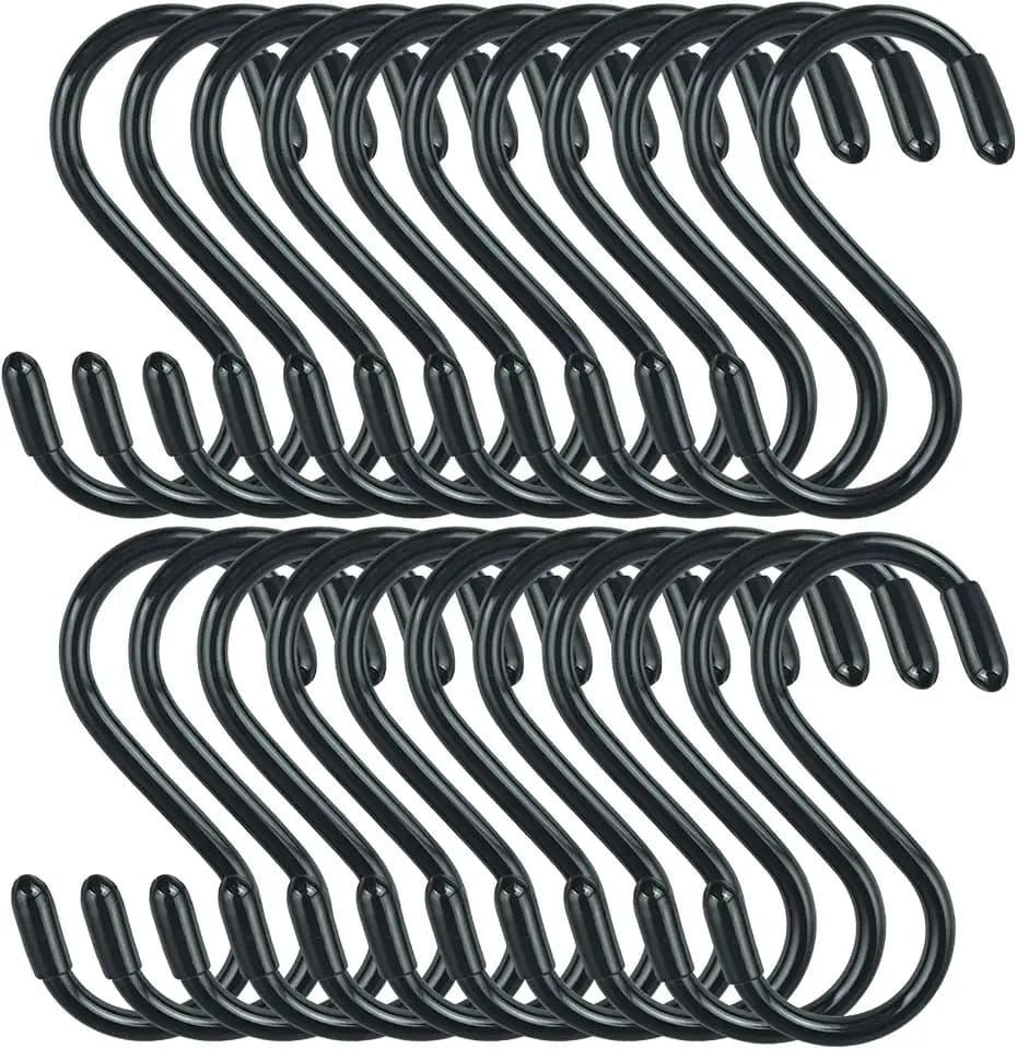 DINGEE 30 Pack Vinyl Coated Heavy Duty S Hooks for Hanging Plants, Clothes, Non Slip Steel Metal Black Rubber Coated Closet S Hooks for Hanging Jeans, Jewelry, Pot, Pan