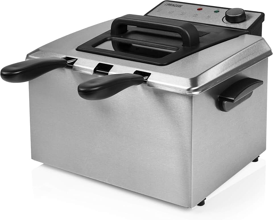 Princess Fritteuse – 3270 Watt, 5 Liter, Thermostat, 3 Frittierkörbe, Kaltzone, 6-7 Personen, 185000, Grau, Metall