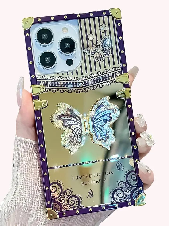 Cute Compatible with iPhone 15 Pro Case, Luxury Bling Butterfly Design with Foldable Stand Kickstand for Women & Girls, Glossy Mirror Shockproof Protective Case 6.1” (Purple)