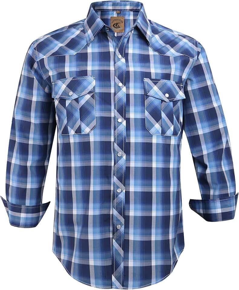 COEVALS CLUB Herren-Hemd, langärmelig, lässig, Druckknopf, kariert, normale Passform, Western-Cowboy-Perlen, Druckknopfverschluss, zwei Taschen, Arbeitshemden