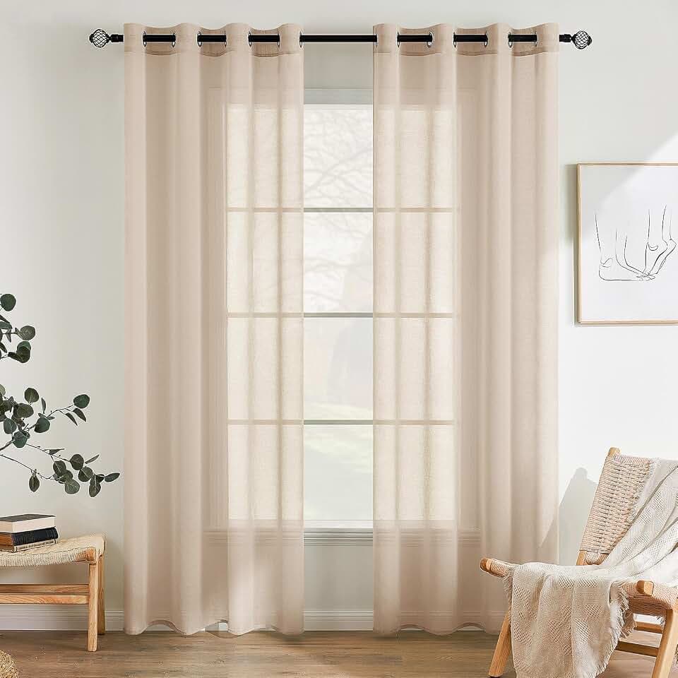 EMEMA Gardinen mit Ösen 2er Set 137cm Lang Beige Vorhang Voile Vorhänge
