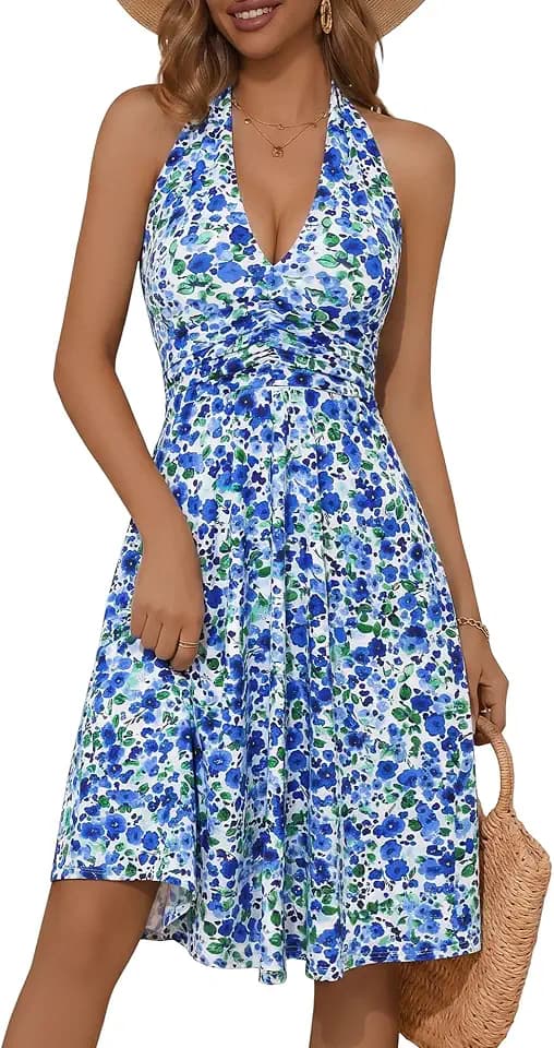 HUHOT Women's Summer Sundress Sleeveless Halter Neck Spring 2026 Floral with Pocket Elastic Waist Ruffle Mini Dresses