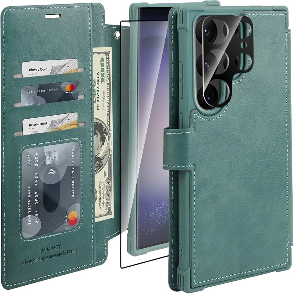 VANAVAGY Handyhülle für Galaxy S24 Ultra 5G,Premium Leder Stoßfeste Klapphülle Mit Kabelloses Laden und RFID Blocking für Galaxy S24 Ultra 5G(6,8 Zoll),Waldgrün