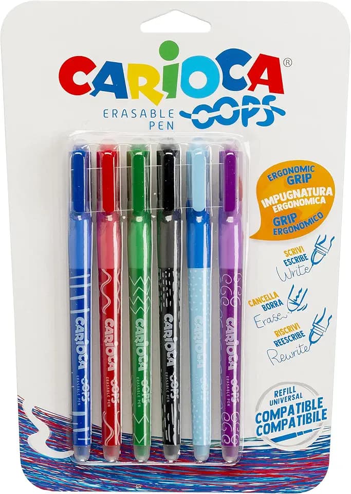 CARIOCA OOPS radierbare Stifte, 6er-Blister, verschiedene, Spitze Ø 0,7 mm, ergonomischer dreieckiger Griff, doppelter Radierer, thermosensitive Tinte, kompatibel mit Nachfüllungen (6 Stifte)