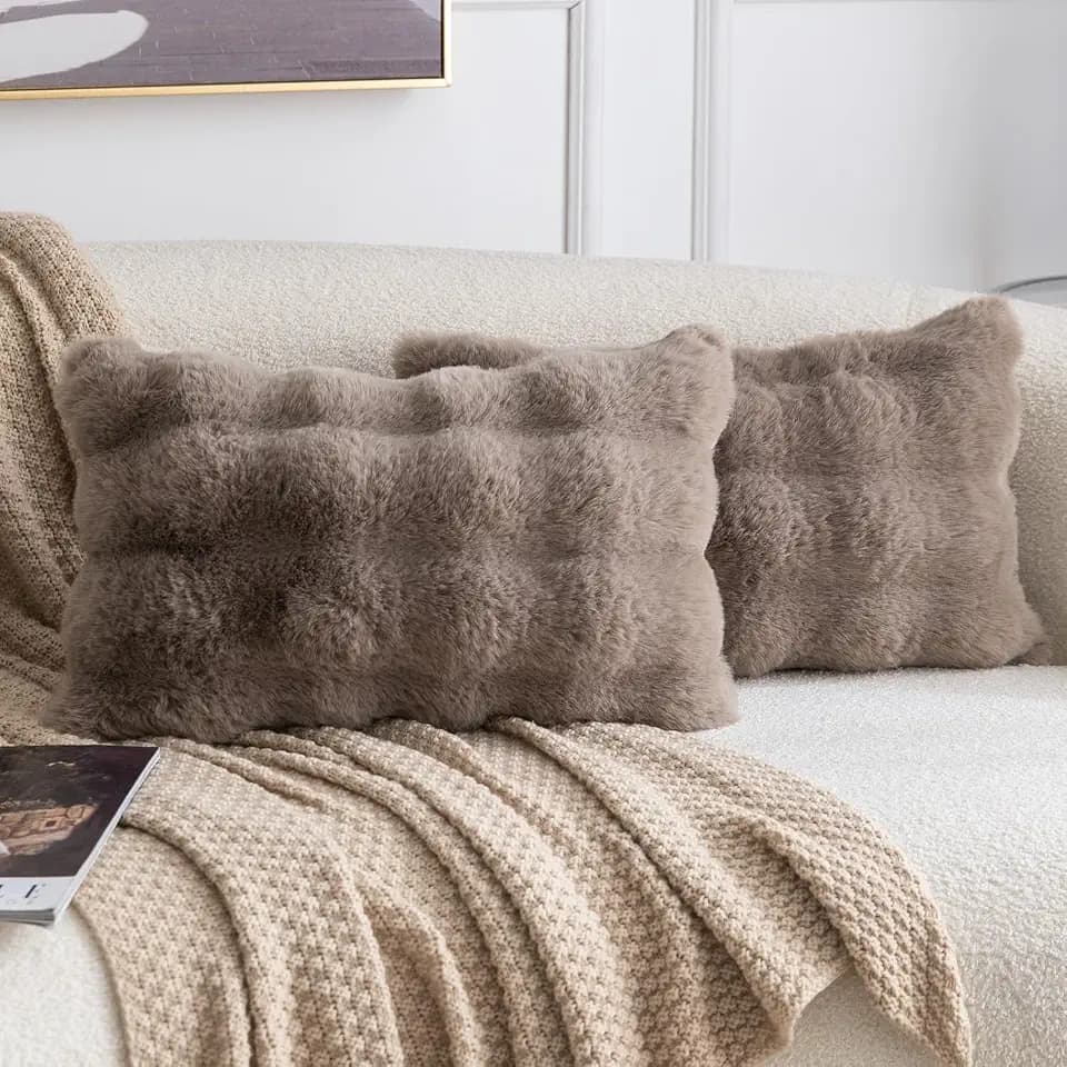MADIZZ Pack of 2 Thick Plush Faux Wool Throw Pillow Covers Soft Boho Throw Pillows Luxurious Cushion Covers for Couch Sofa Bedroom Living Room Home Decor 12x20 Inch Taupe