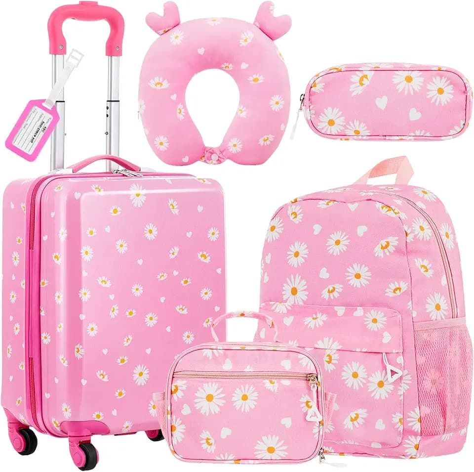 Redbaker 6 Pcs Kids Luggage Set, 18 Inch, Pink Daisy