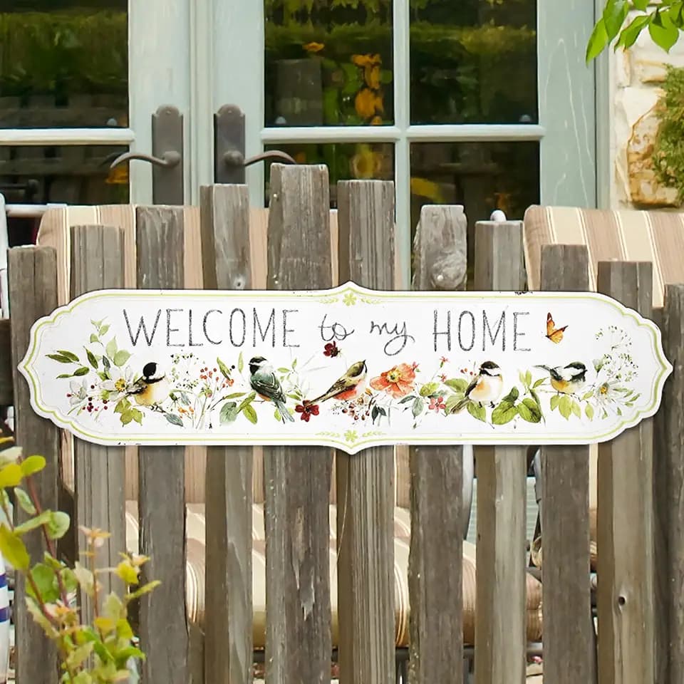 All Chic Large Outdoor Welcome Signs Welcome to Our Home with Floral Bird Metal Sign for Home Decor ——31.5 * 8.3 In