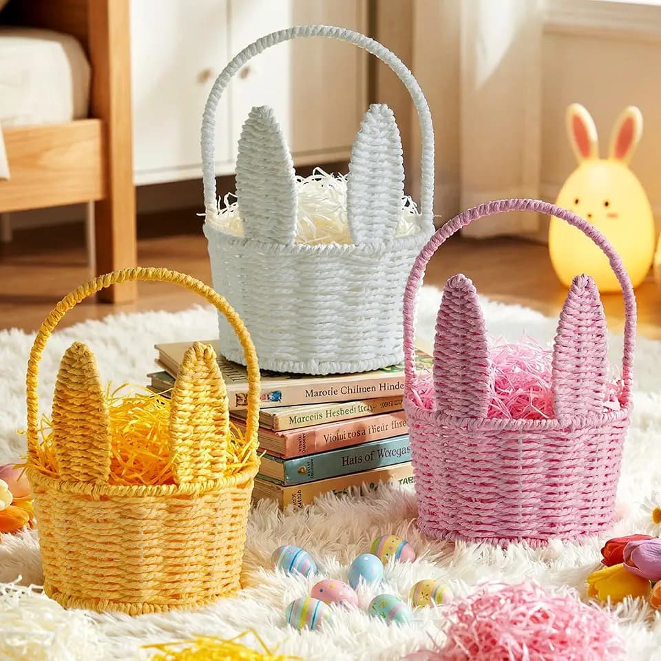 Lanpn Easter Bunny Basket 3 Pcs Paper Woven Set with Easter Grass Fillers Lightweight Reusable for Egg Hunt Candy and Spring Holiday Decoration Woven Basket (Pink White Yellow)