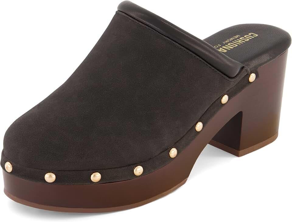 CUSHIONAIRE Guest Platform Clogs for Women, Heeled Faux Wood Mules with Studded Detailing and Memory Foam Footbed