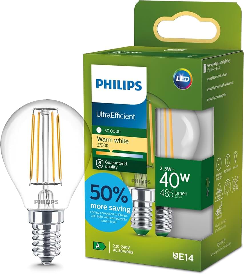 Philips Ultra Efficient – Ultra-energiesparende Lampe, LED-Lichtquelle, E14, ersetzt 40W, klar, kaltweiß, Tropfenform