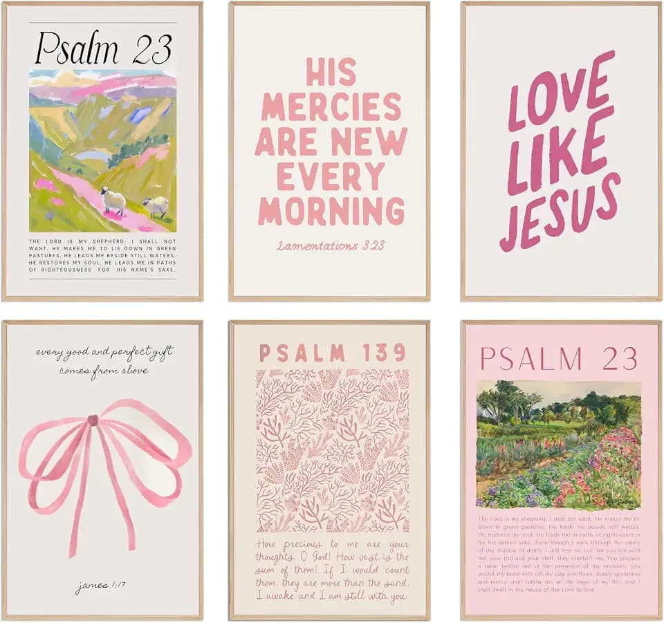 6Pcs Christian Wall Art Pink Bible Verse Scripture Wall Decor Unframed