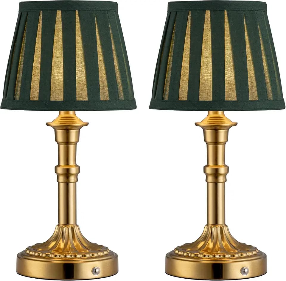 KDG Gold Cordless Table Lamps Set of 2, Green Fabric Shade Small Desk Lamp