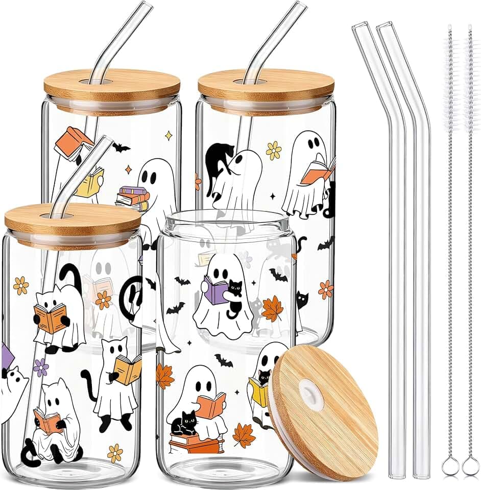 Halloween Glass Cups Set of 4, Ghost Black Cat Spooky Drinking Glasses Gift