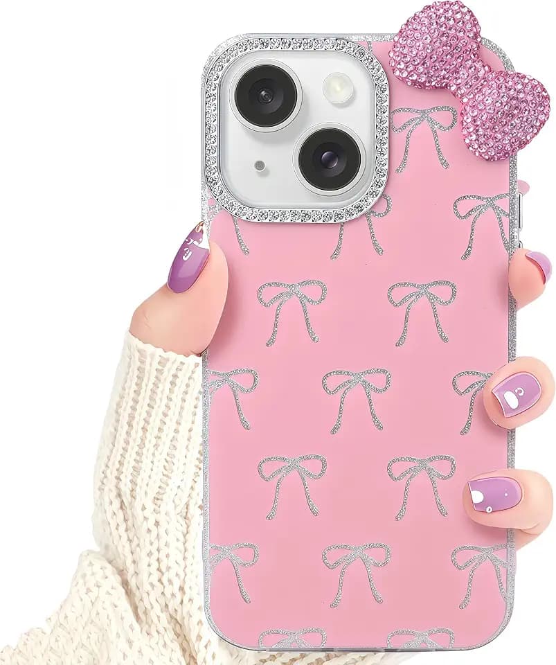 Cute Bow Cases for iPhone 16 with Glitter Diamond Camera Protector, Pink Bling Rhinestone Bow Design, Hard Protective Phone Cover for Girls Women