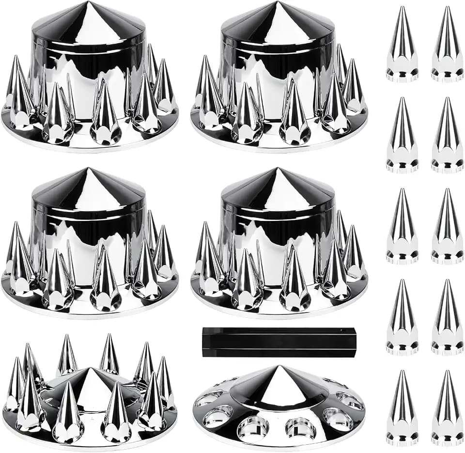 Youxmoto Chrome ABS Complete Axle Cover Set, 2 Front and 4 Rear with Hub Caps and 33mm Screw-On Spiked Lug Nut Covers for Semi Trucks