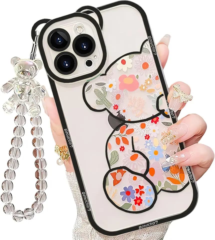 IAIYOXI for iPhone 14 Pro Max Case with Cute Flowers Bear Pattern, Camera Protector, Clear Phone Case and Lovely Strap Bracelet Chain, Compatible for iPhone 14 Pro Max for Girls Women (Black)