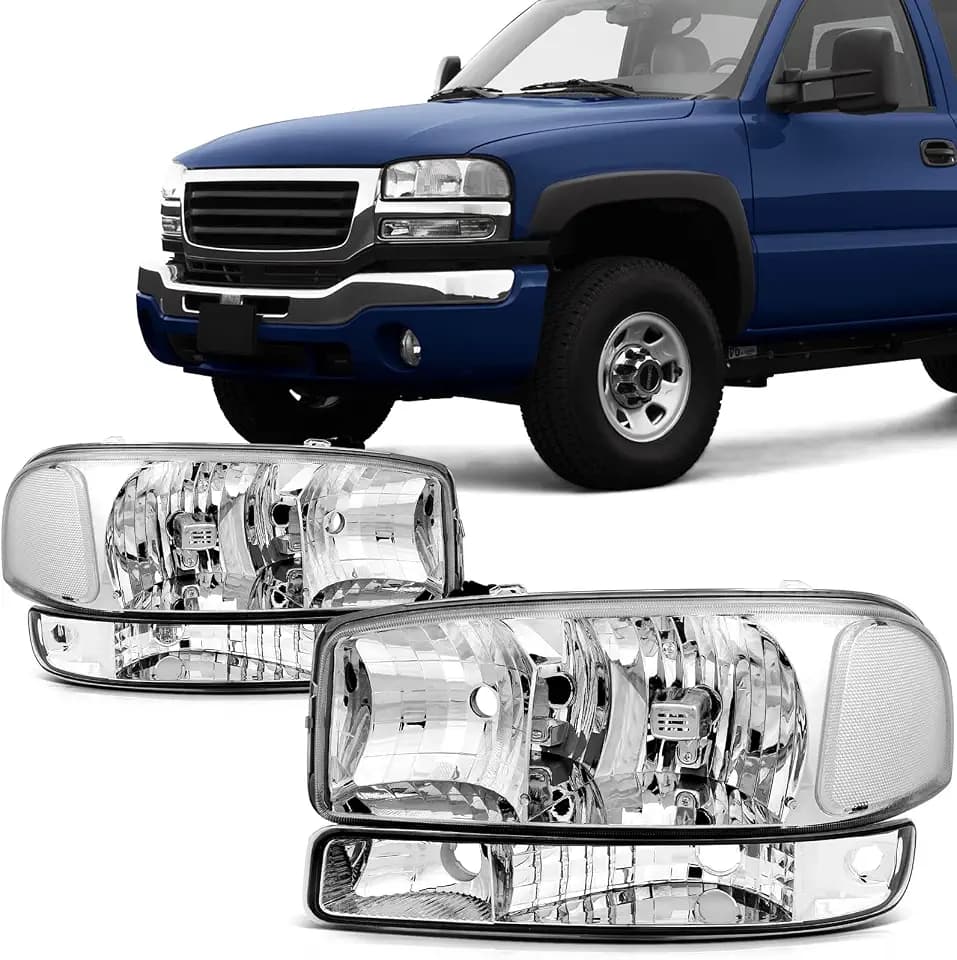 SCITOO Headlight Assembly Fits For GMC Sierra 1500 1999-2006,For GMC Sierra 2500 1999-2004,For GMC Sierra 3500 2001-2006,For GMC Yukon 1999-2006 headlamp in Chrome Housing Clear Reflector Clear Lens