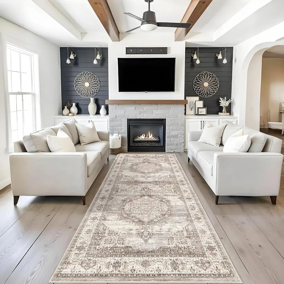 HAOYUNLAI Washable 4x10 Living Room Area Rug Beige Low‑Pile Bedroom Carpet