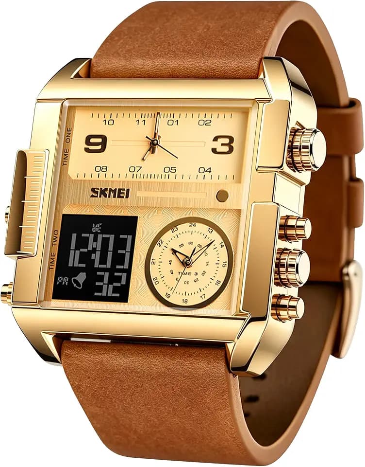SKMEI Herren Digital Sportuhr LED Quadratisch Großes Gesicht Analog Quarz Armbanduhr mit Multi-Time Zone Wasserdicht Stoppuhr