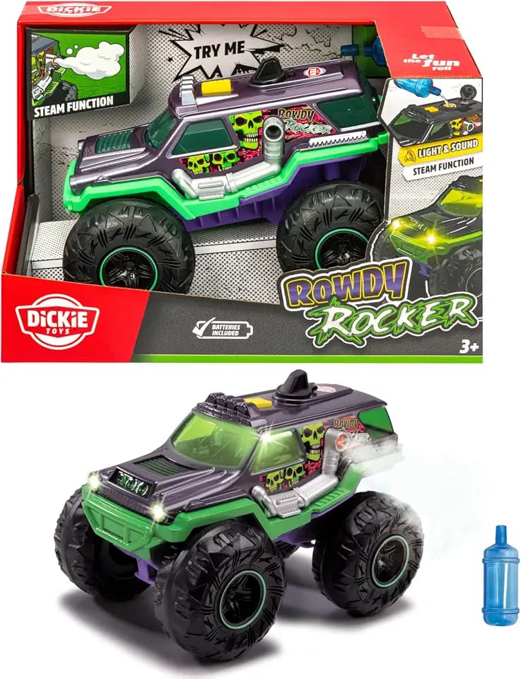 Dickie Toys - Rowdy Rocker Monstertruck ab 3 Jahre (25 cm) - Auto mit coolen Licht-, Sound- & Dampf-Effekten, Spielzeugauto für Kinder mit Freilauf, Federung und Gummireifen, inkl. Batterien