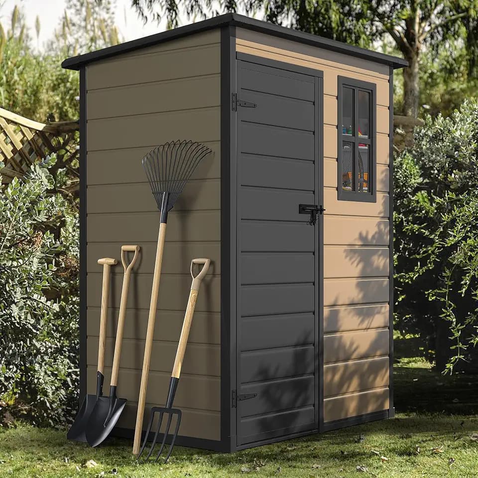 DWVO 5x3ft Resin Outdoor Storage Shed with Floor, Waterproof Lockable Storage Shed with Window, Plastic Outside Tool Storage for Garden Backyard Patio Lawn