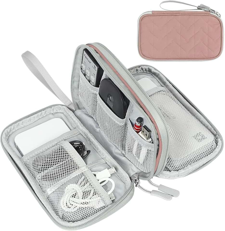 FYY Electronic Organizer, Travel Tech Pouch Bag, Medium, Pink Quilted