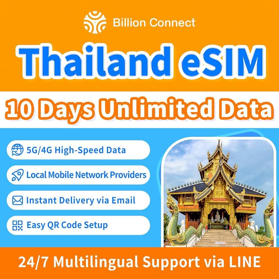 Thailand eSIM – 10 Days Unlimited Data with High-Speed 5G/4G. Hotspot Supported, Same-Day Online Delivery. (10 Days Unlimited Data)