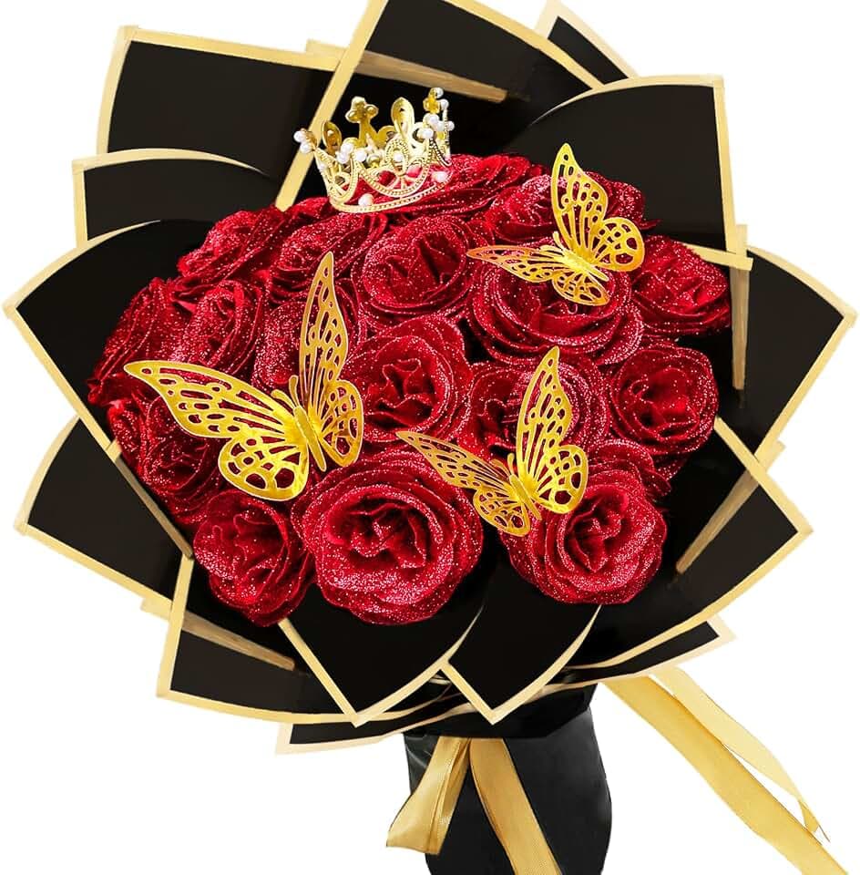 LARDUX 24 Stück Glitzer-Rosenstrauß, Glitzer Rosen Bouquet, künstliche Rosensträuße, DIY künstliche Glitzer-Blumensträuße mit Krone für Geschenke Hochzeitstag Verlobungstag Geburtstag, Muttertag