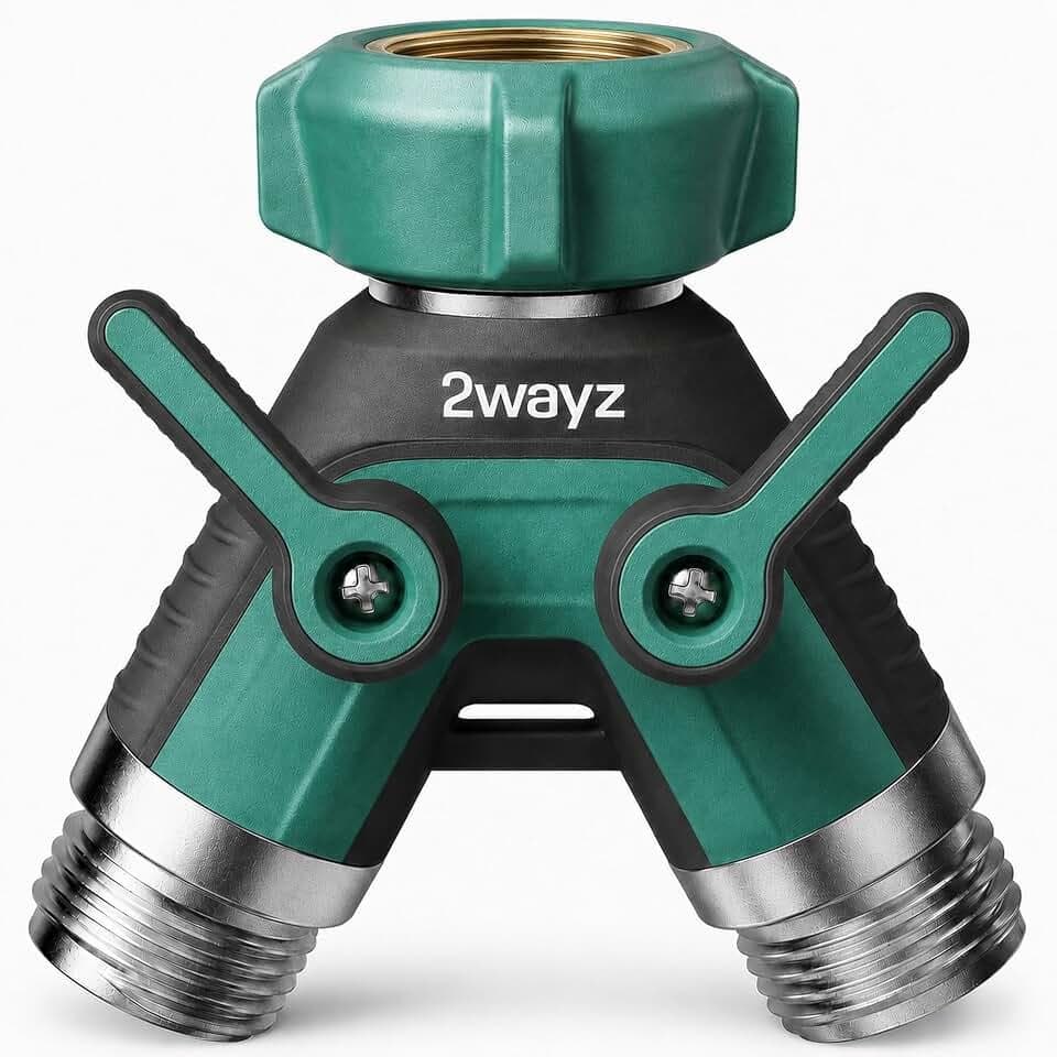 2WAYZ Dual Outlet Water Hose Splitter - Heavy-Duty Brass Y Connector, 360° Rotation, Easy Installation, Leak-Proof Design with Spigot Extender - Ideal for Garden, Washing Machines, Outdoor Faucets