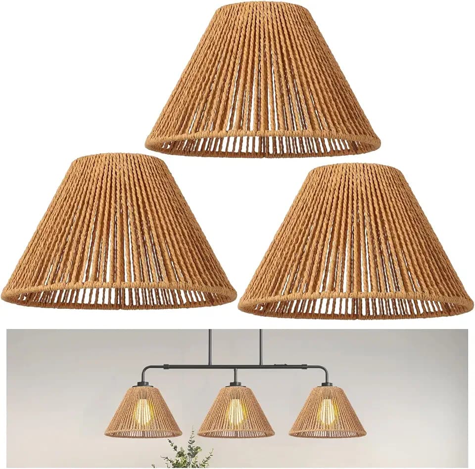 3 Pcs Boho Woven Lamp Shades, Beige Paper Rope Light Covers with Iron Frame, 9.8 in Pendant Lamp Shade for Home Decor, Bohemian Style, Soft Lighting